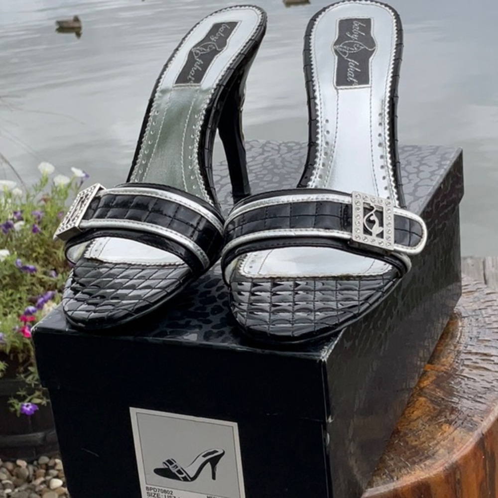 RARE Baby Phat Silver Cat Logo Rhinestone Heels Size 7